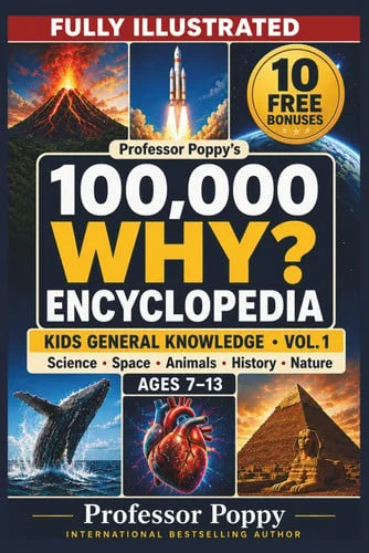 Cover of Professor Poppy's Fully Illustrated 100,000 WHY Encyclopedia - Kids General Knowledge Vol. 1: Science, Space, Animals, History, and Nature, Ages 7-13 (Young Explorer Series)